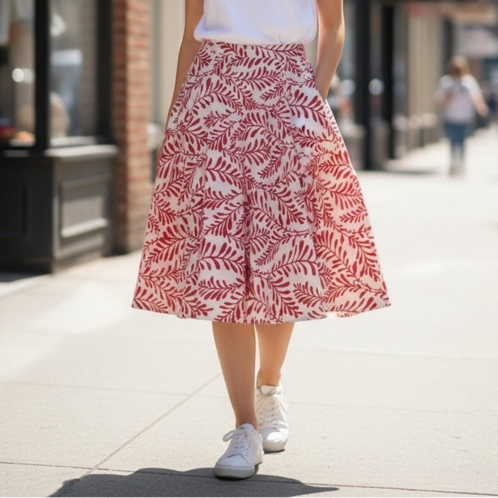 Who What Wear Red Leaf Print Linen Blend A-Line Midi Skirt Womens Size 10